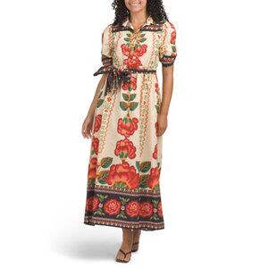 CELINA MOON Cream/red Short Sleeve Floral Print Maxi Dress With Belt